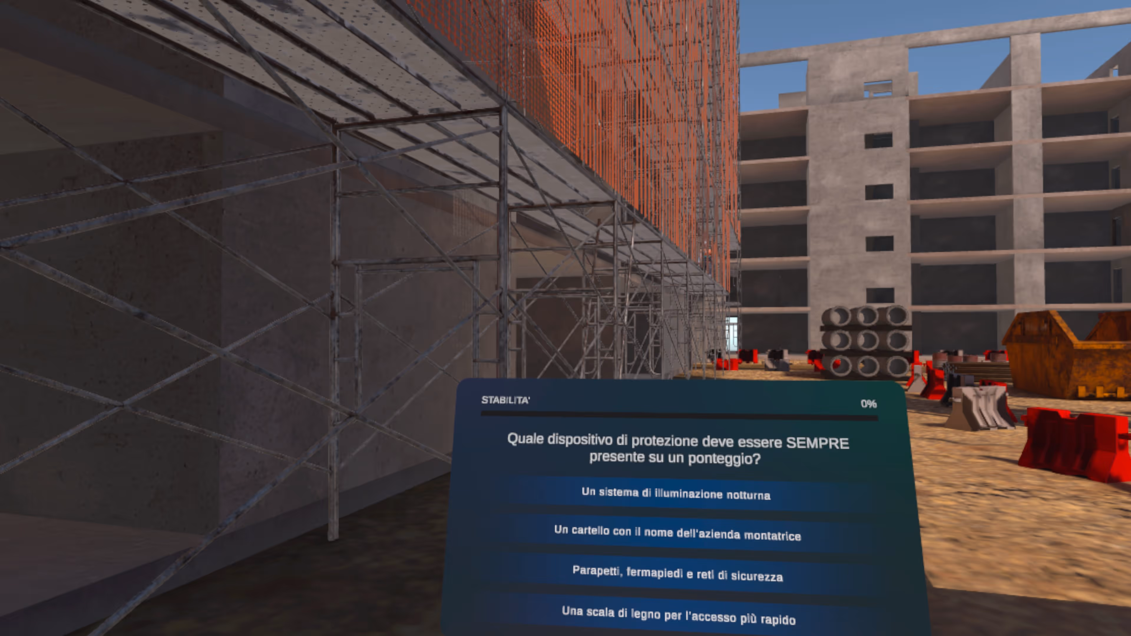 Virtual reality view of a construction site with scaffolding and a safety quiz in Italian about required protective equipment on scaffolding.