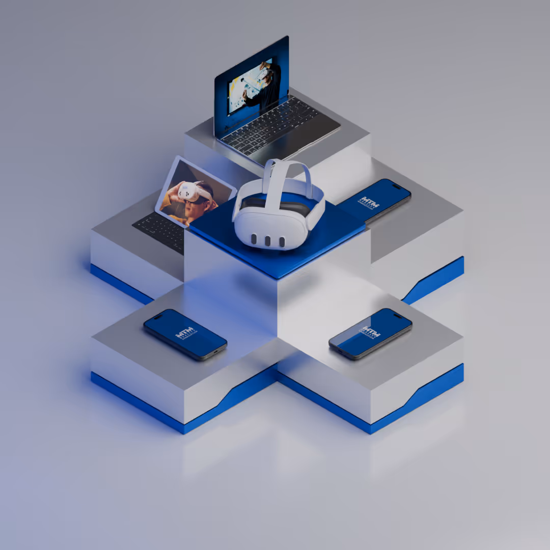 3D isometric display of a VR headset on a blue platform surrounded by laptops and smartphones showing people using VR and digital content.