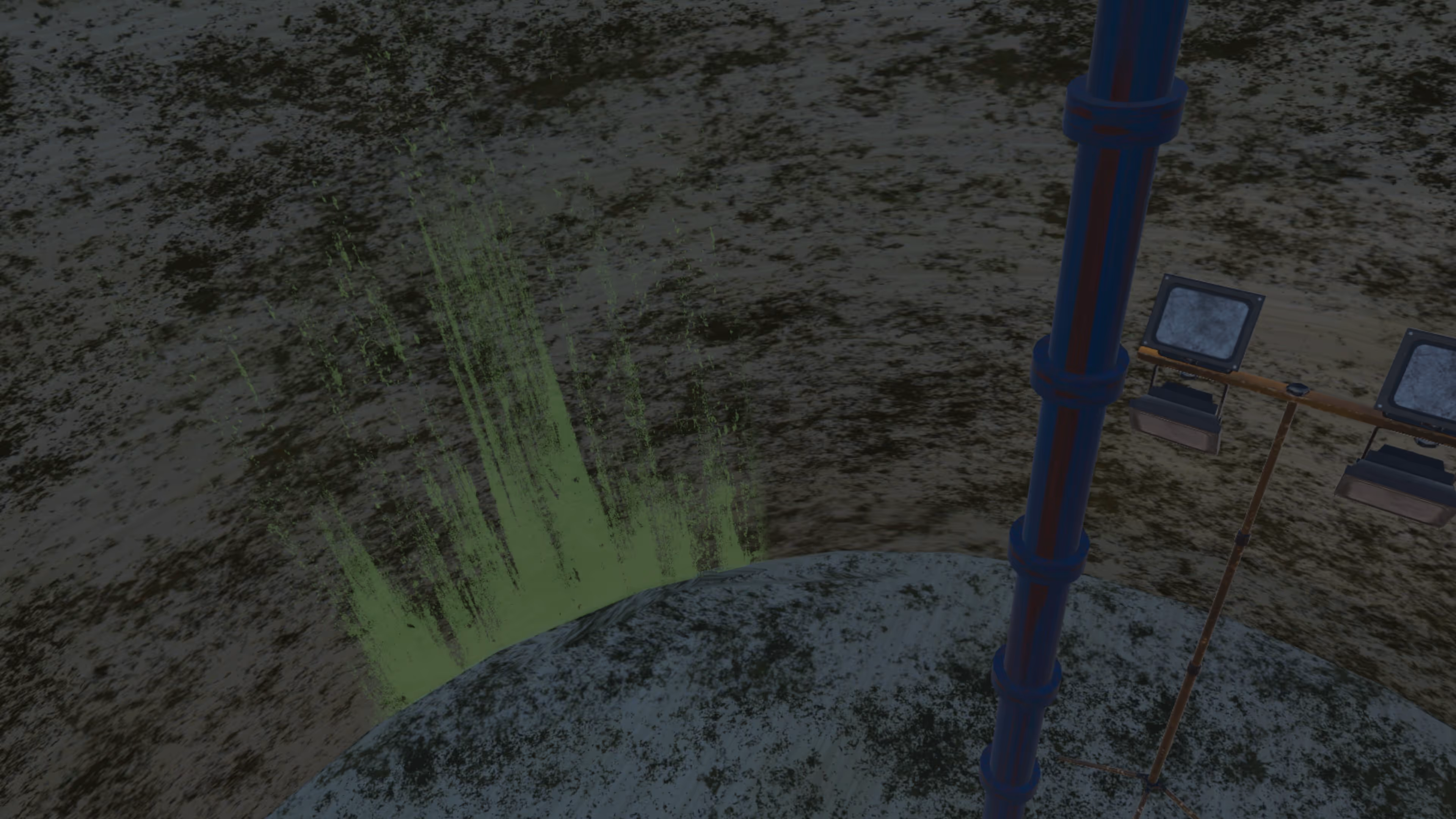 Digital 3D model of a view inside a dark, circular industrial tank with green liquid spraying upwards and two mounted screens on a stand.